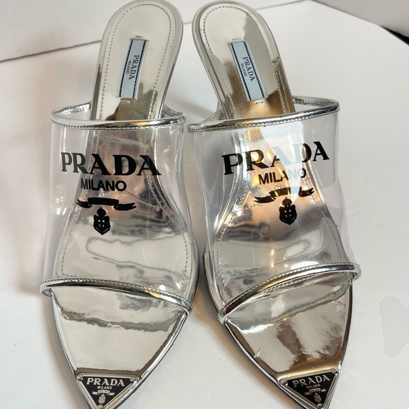Prada Shoes - Prada | Plexiglass Logo Metallic ARGENTO CALFSKIN METAL 75MM SLIDE SANDALS 41